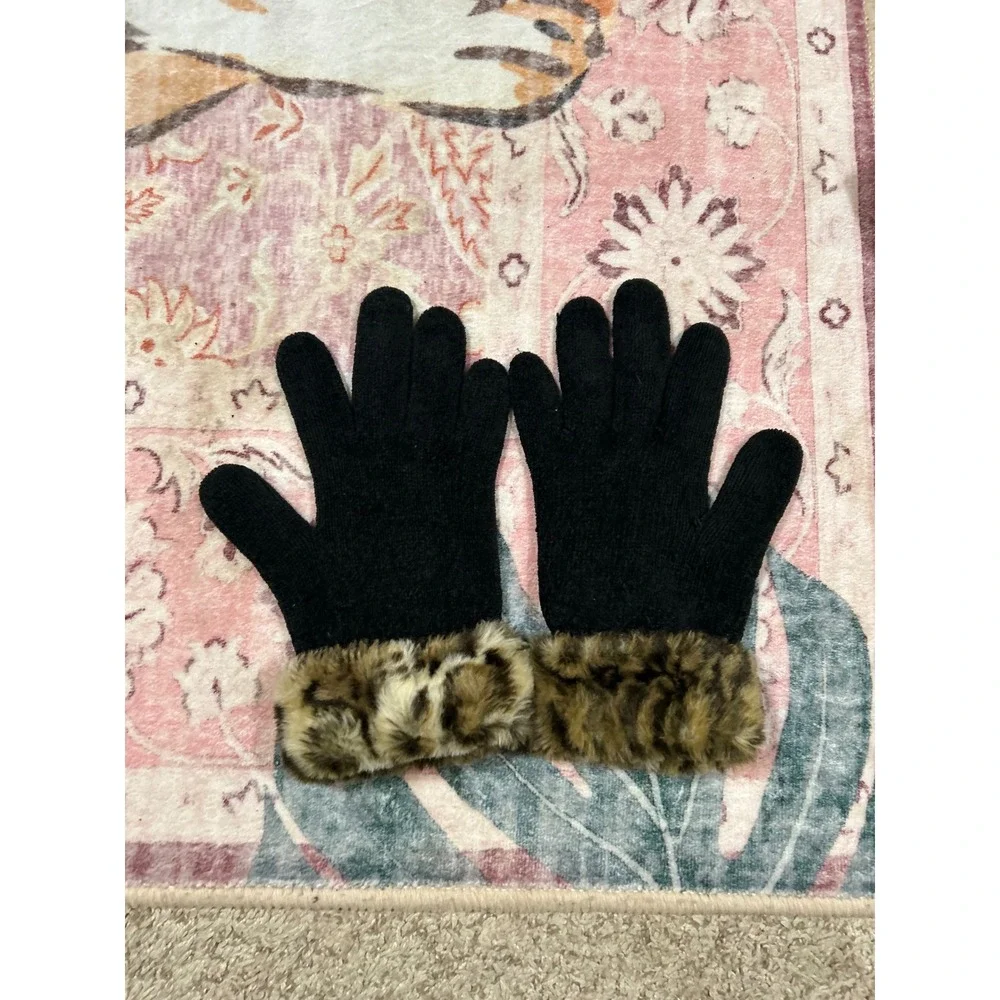 Vintage Womens Black‎ Knit Gloves Leopard Faux Fur Trim Winter Warm Fashion